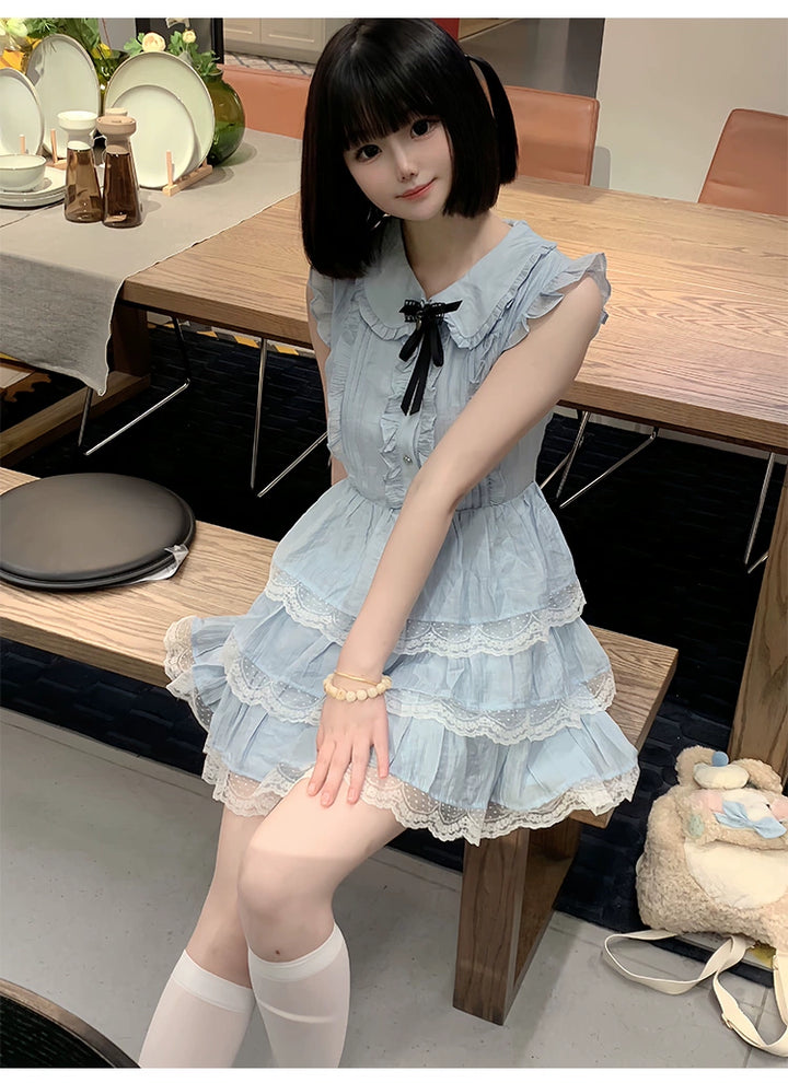 Sweet Style Lace Trim Dress, Tiered Ruffles 43546:779188