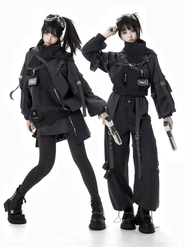 Techwear Black Jacket, Futuristic Pants & Skirt 44862:828383