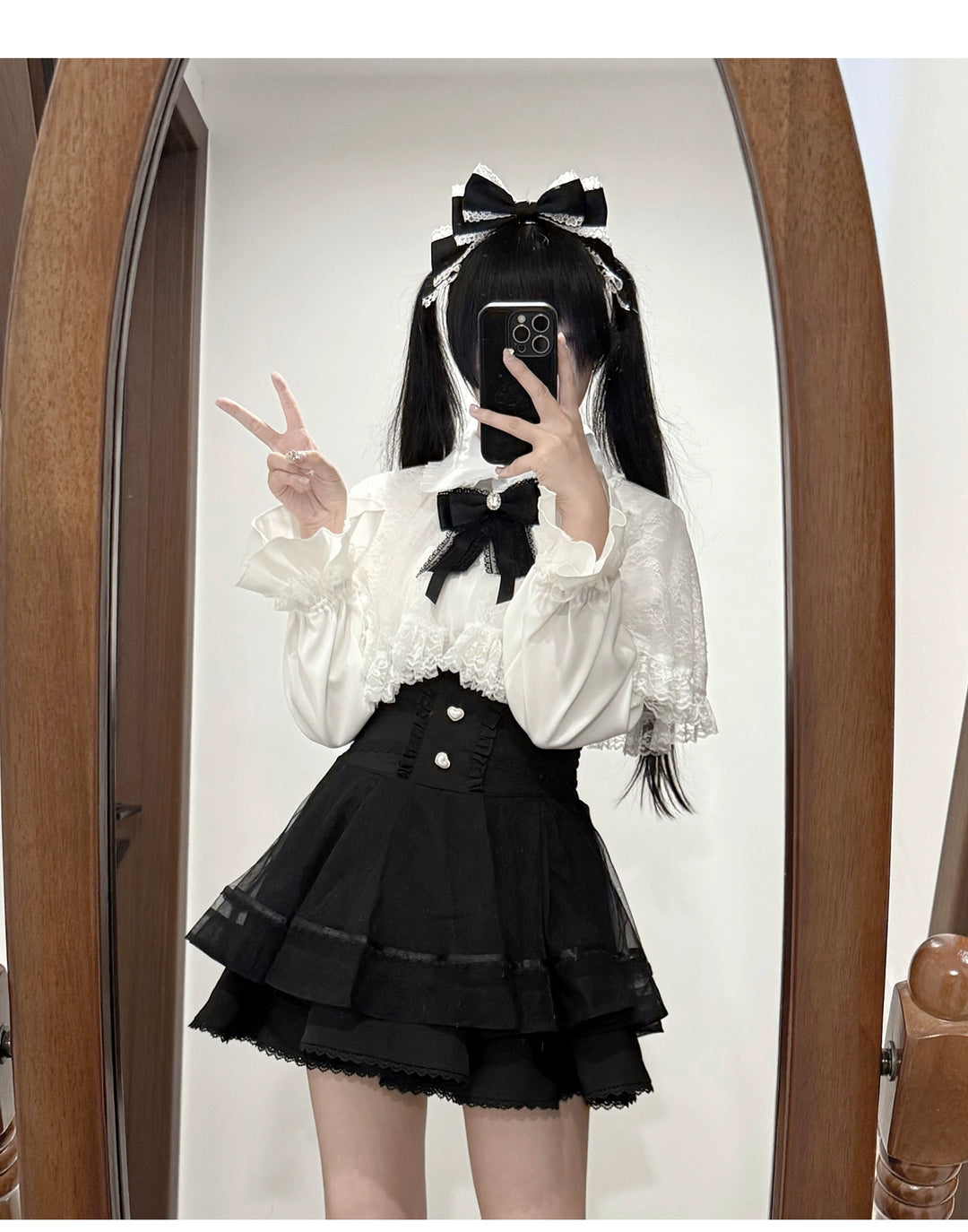 Jirai Kei Lace-cape Blouse, High-waist Skirt Outfit 43933:790375