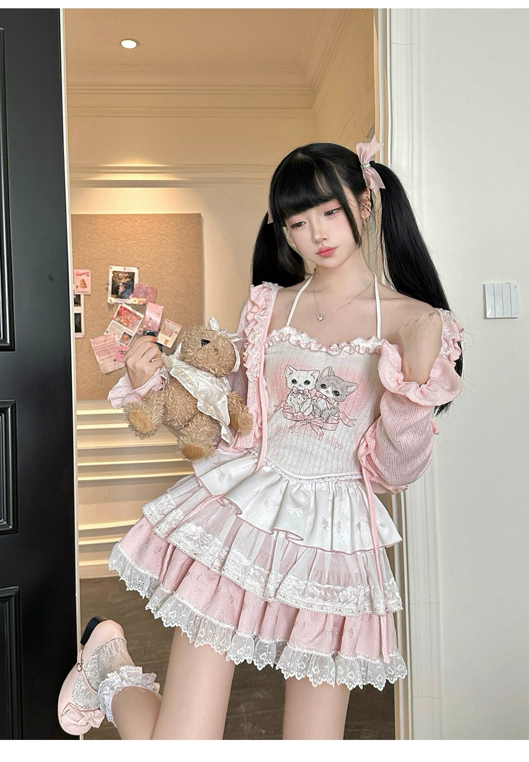 Ryousangata Skirt Set Pink Cardigan White Straps Top 37008:548384 37008:548384
