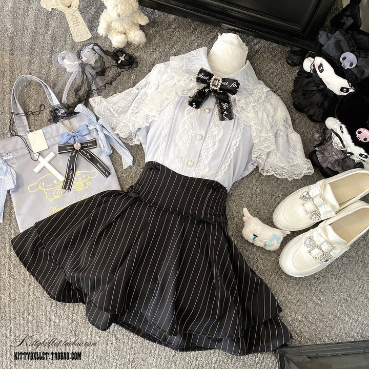 Striped Jirai Kei Skirt, Elastic Built-in Waist Shorts 43074:764437