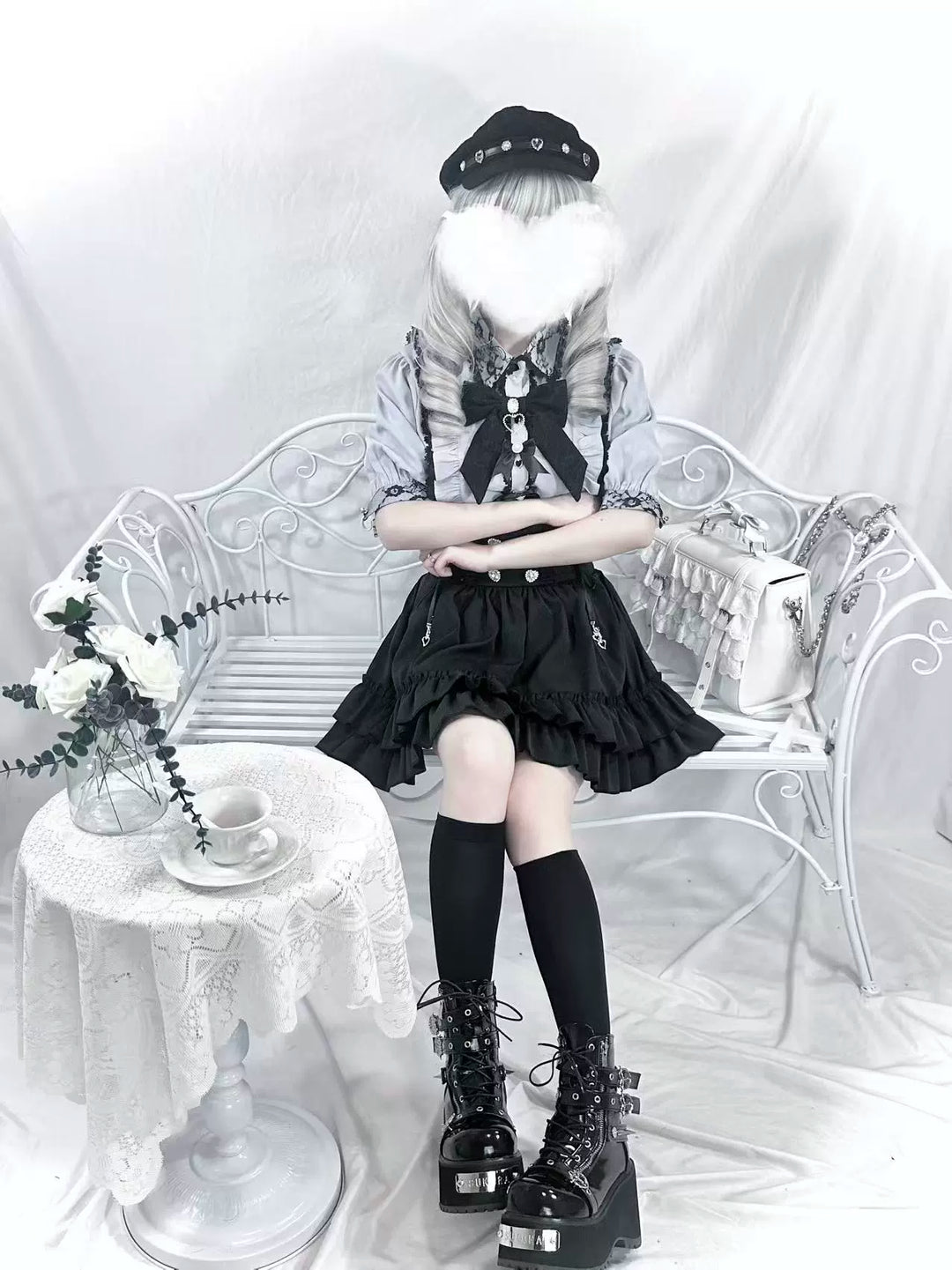 French-Style Jirai Kei Blouse, Large/Small Bow Pins 43196:772004