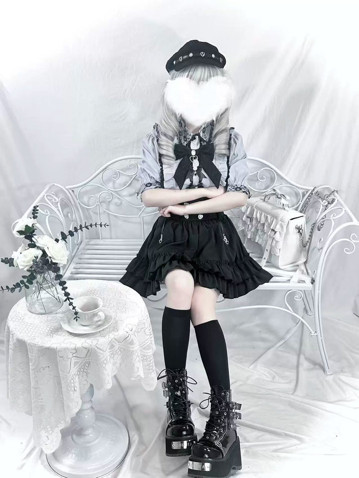 French-Style Jirai Kei Blouse, Large/Small Bow Pins 43196:772004