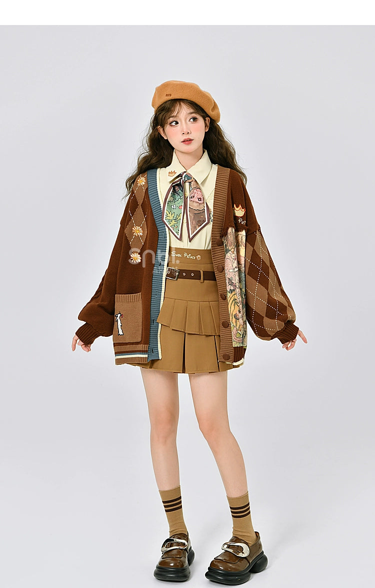 Mori Kei Vintage Style Melrad Knit Sweater Shirt Skirt Set 22716:335780