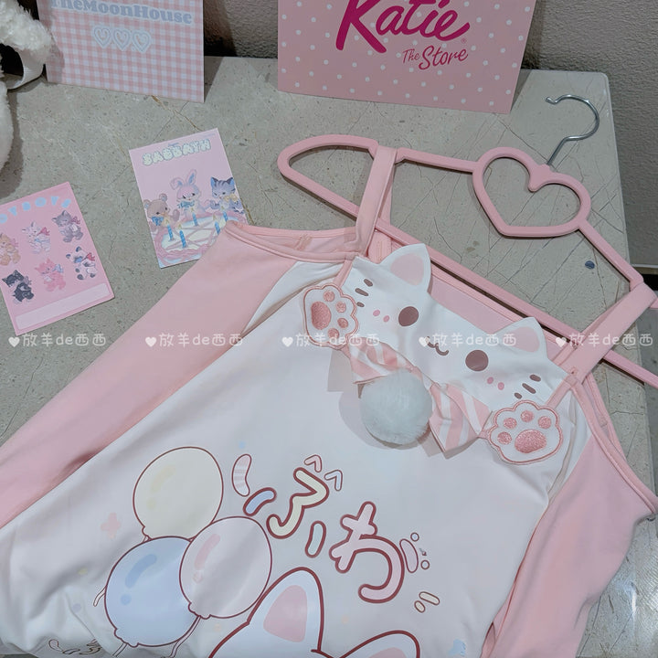 Kawaii Cat-Print Cotton Skirt Off-Shoulder Top with Choker 42812:754143