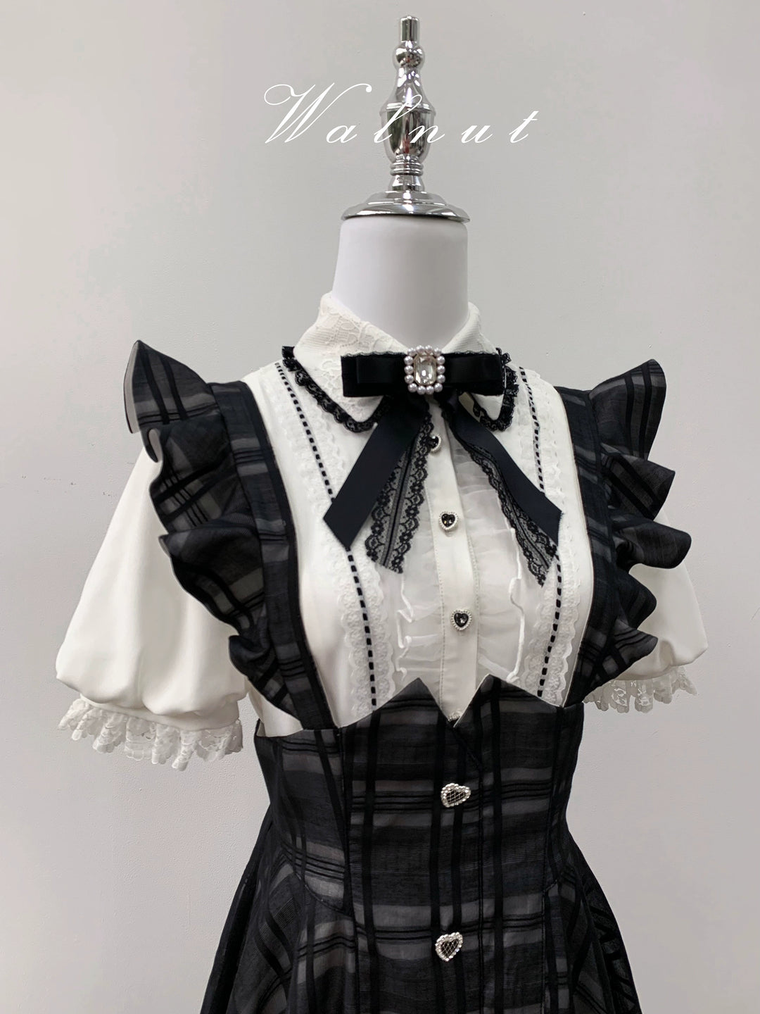 Black Plaid Jirai Kei Suspender Skirt, White Blouse 42918:757786