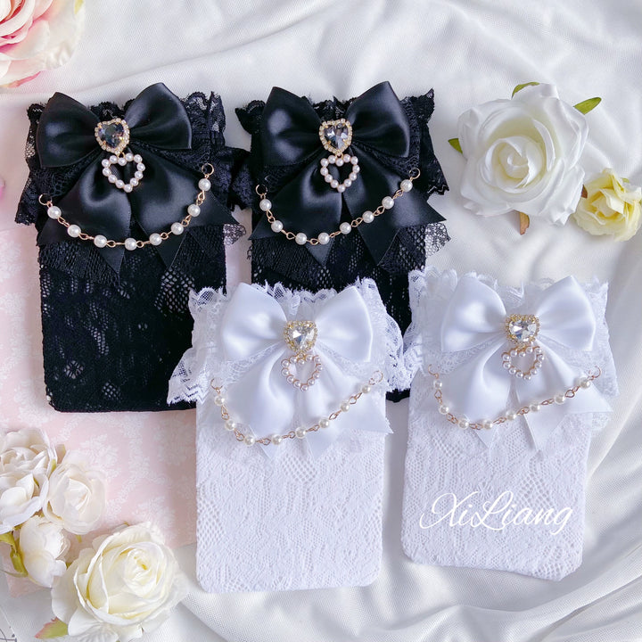 Jirai Kei Socks With Pearl Chain And Sweetheart Rhinestone Detail 28904:326718