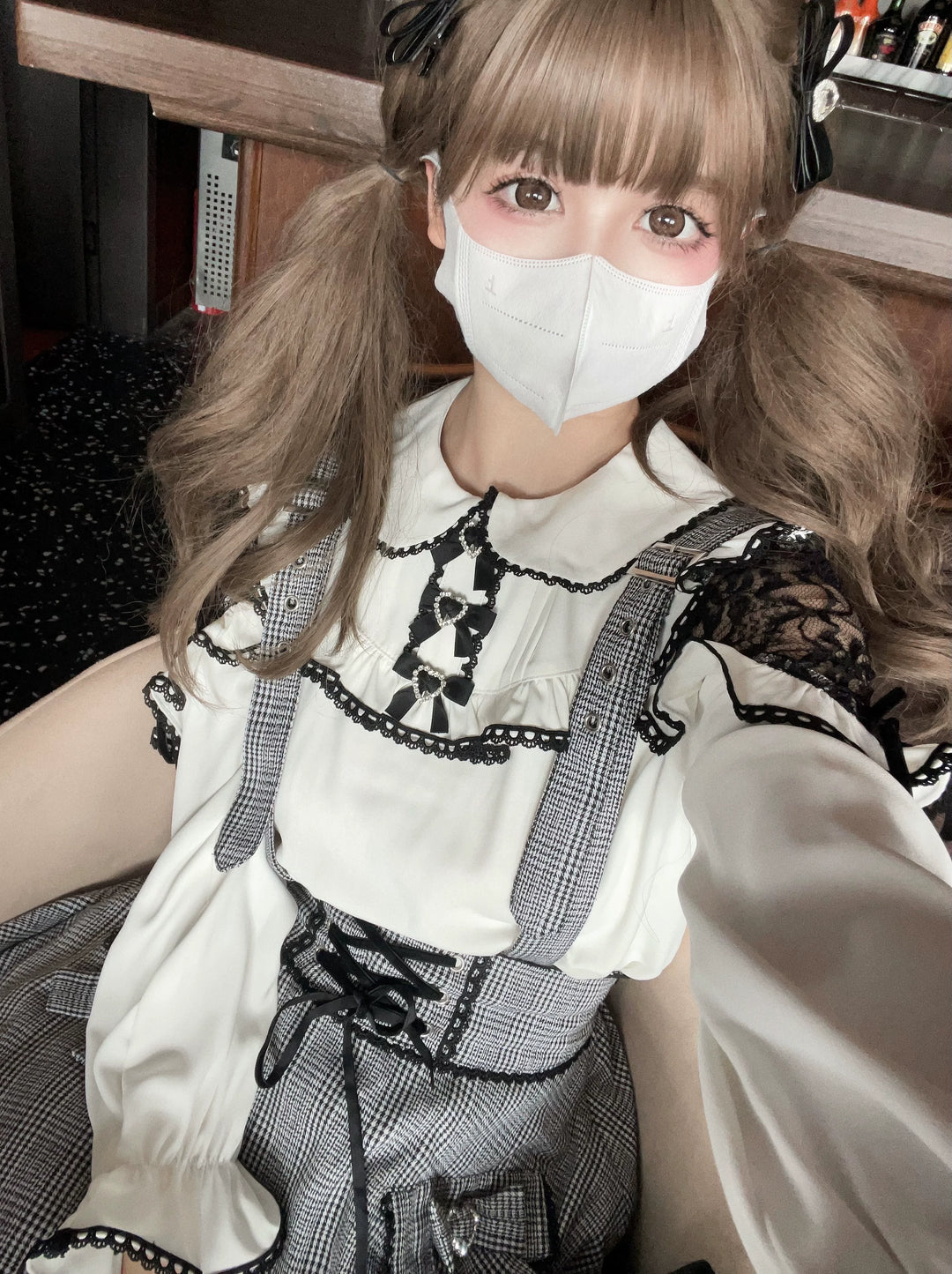 Jirai Kei Blouse White Lace Shirt Plaid Skirt Overall Dress 32960:431752