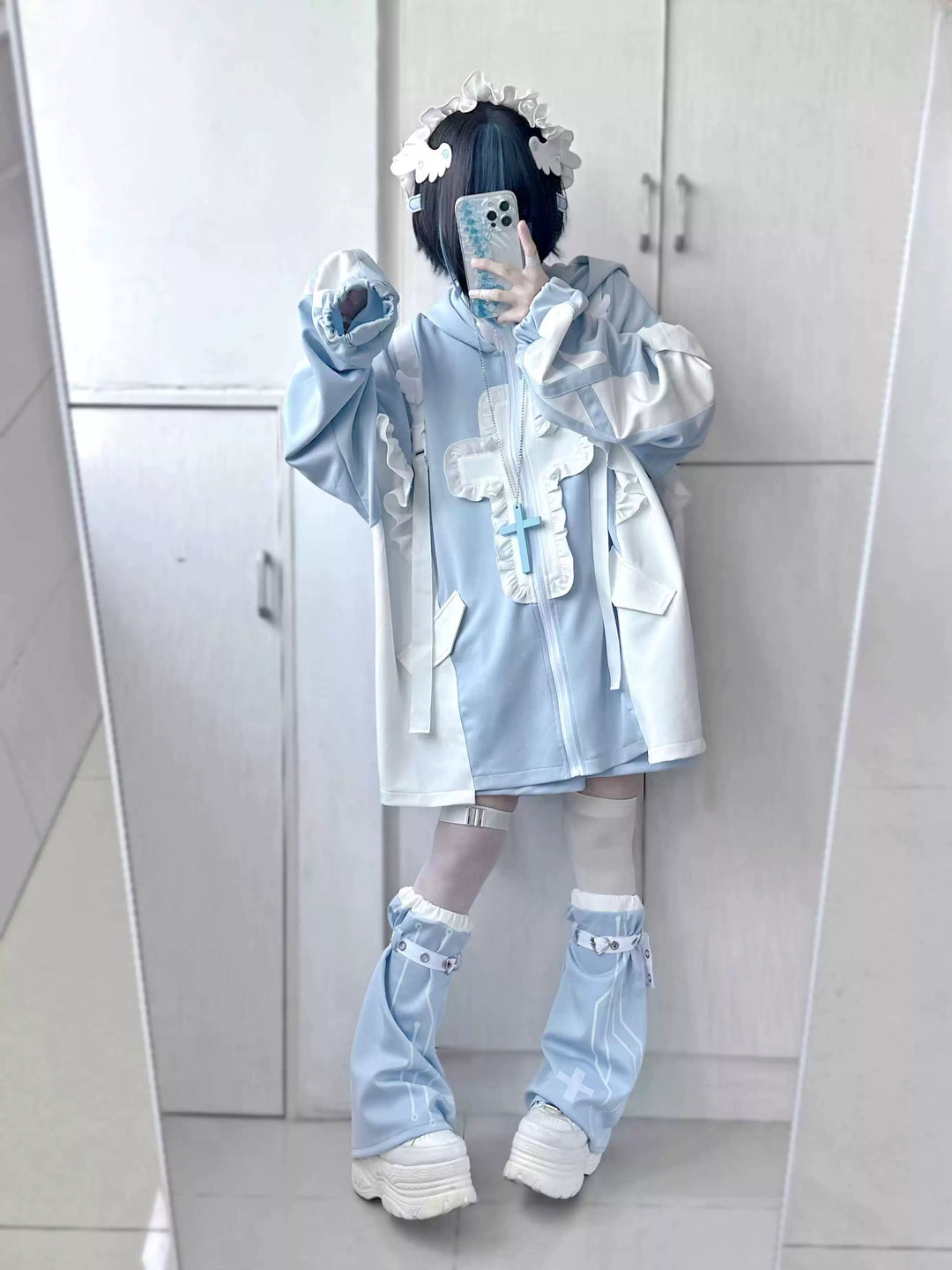 Tenshi Kaiwai Full Set Flounced Blue Cat Ears Coat & Shorts Set 39094:615466