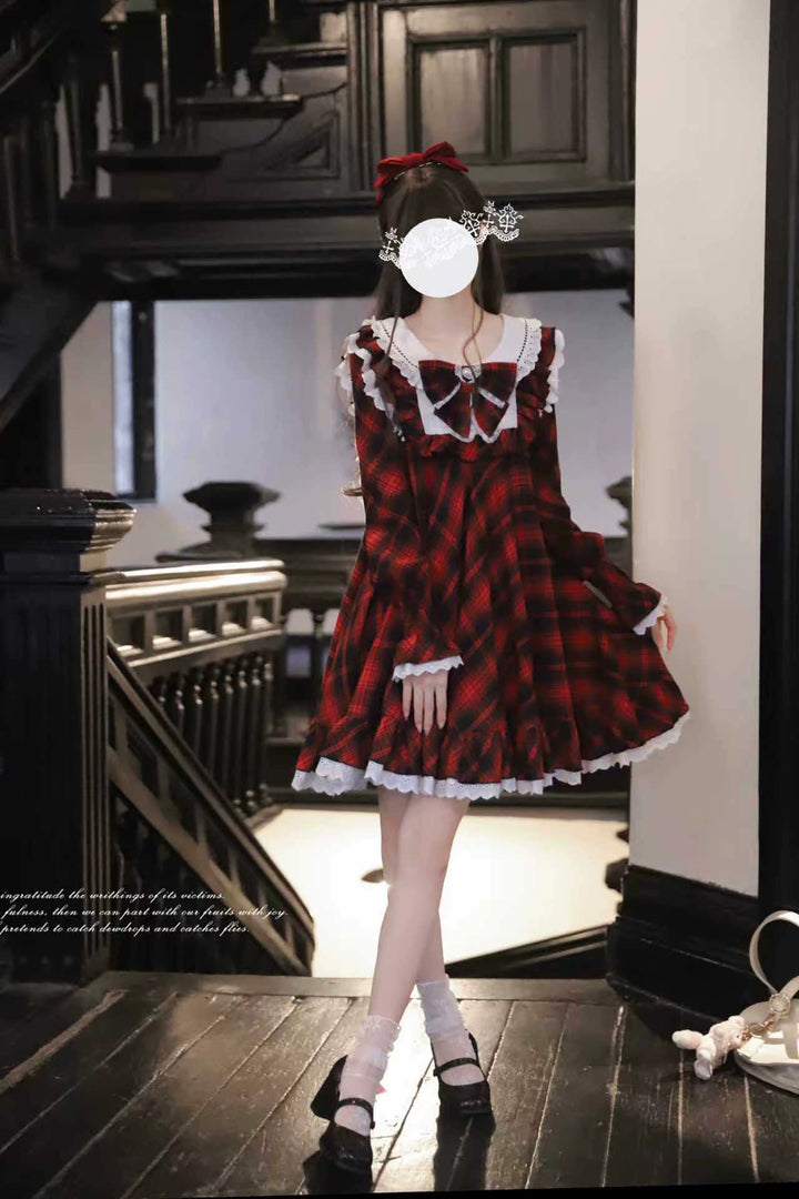 Doll-like Plaid Dress, A Line Design 44041:793495