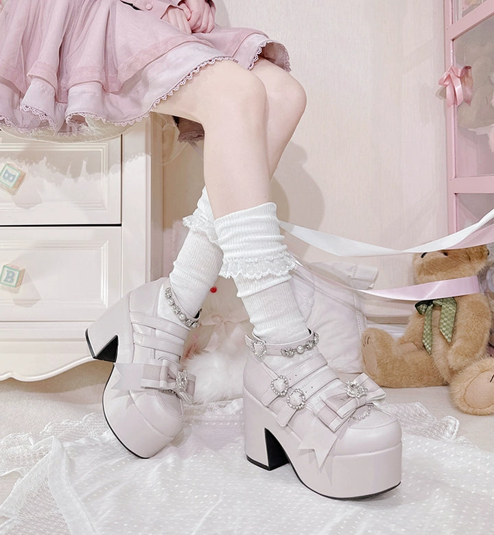 Jirai Kei Platform Shoes, Glittering Rhinestone, Chunky Heel 43247:775767