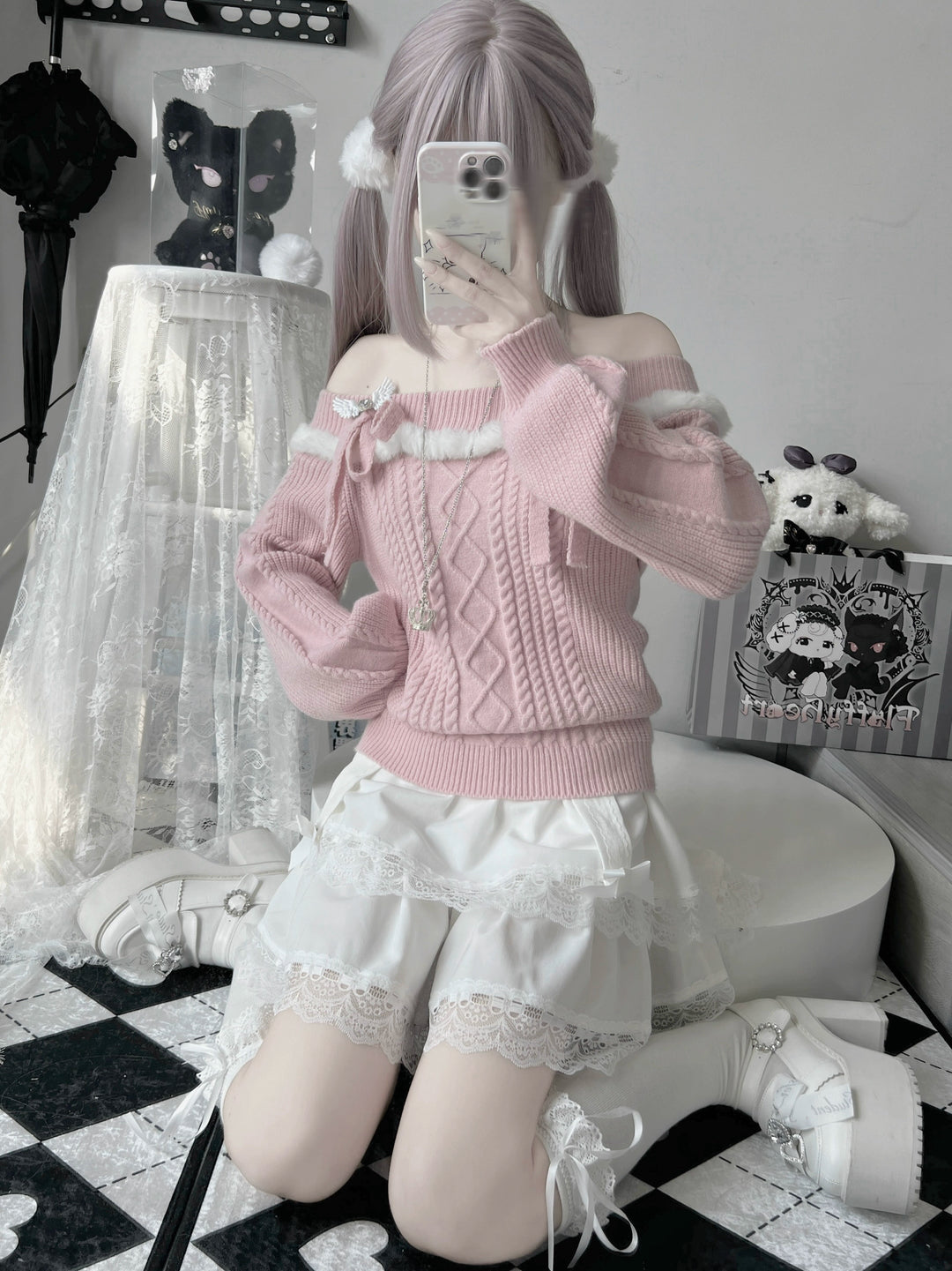 Jirai Kei Sweater Off-Shoulder Knot Bow Sweater 39722:634250