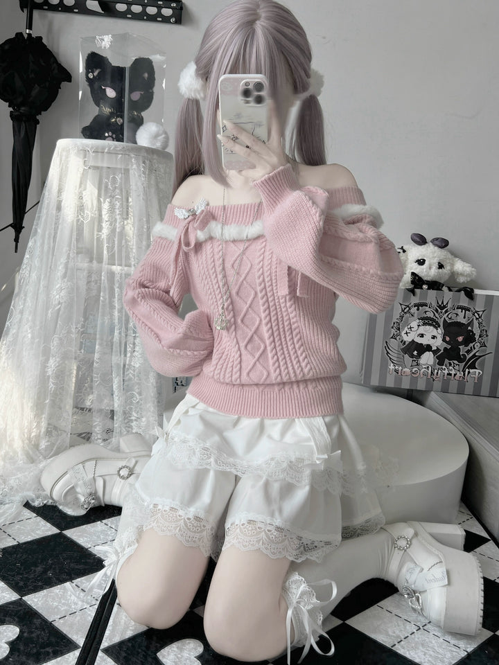 Jirai Kei Sweater Off-Shoulder Knot Bow Sweater 39722:634250