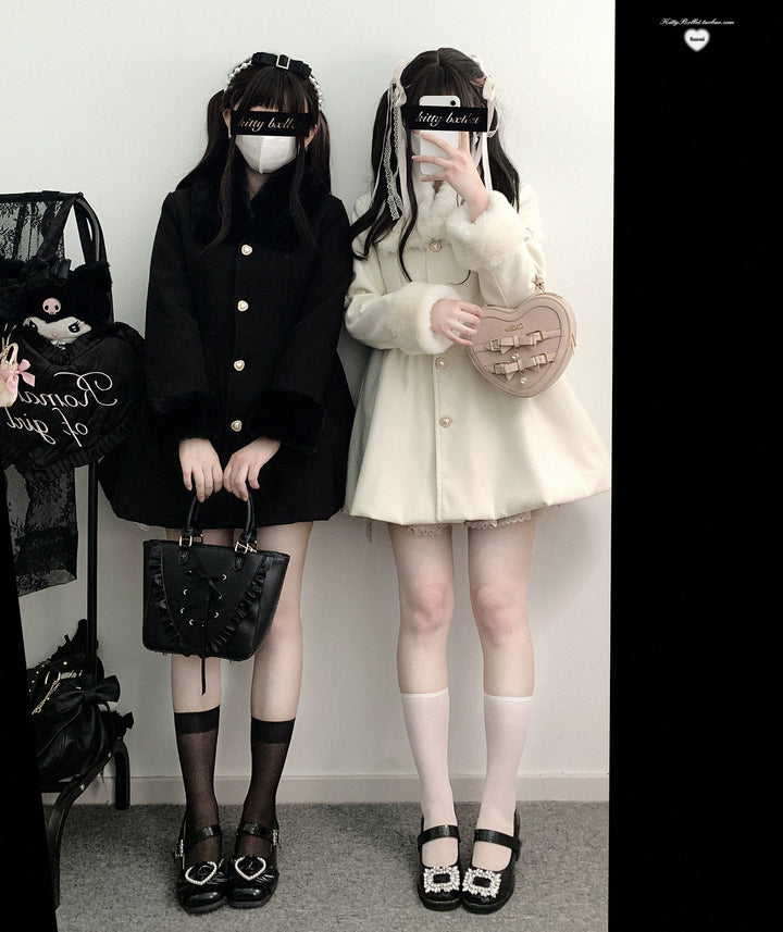 Jirai Kei Coat Detachable Fur Collar Dress Wool-like Jacket 40416:667588