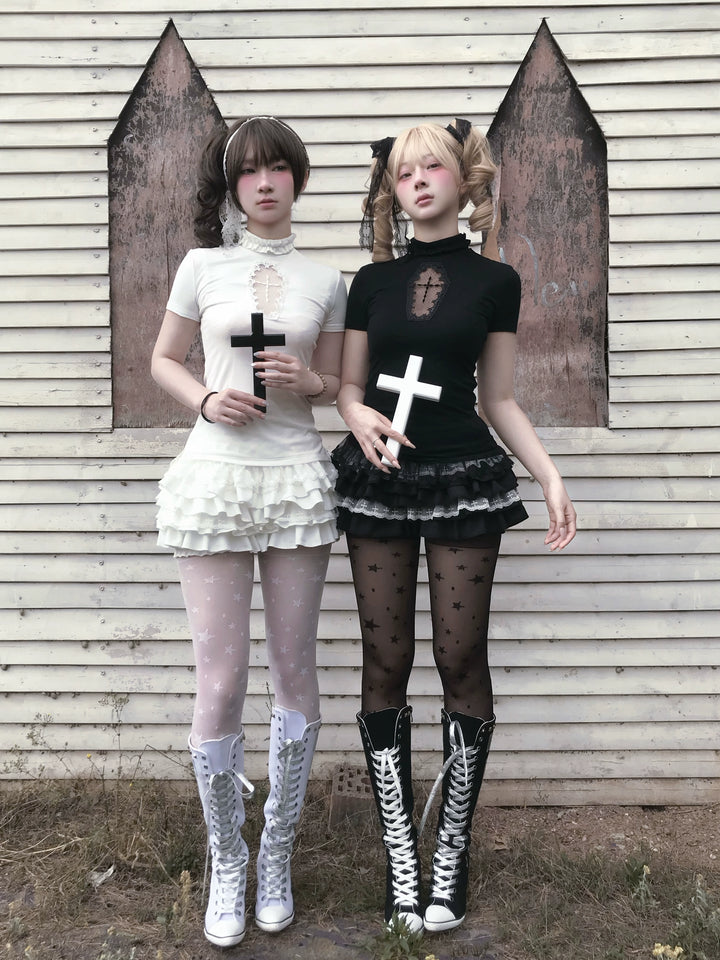 Gothic Cross-Detailed T-shirt & Tiered Ruffle Bloomers 43079:764533