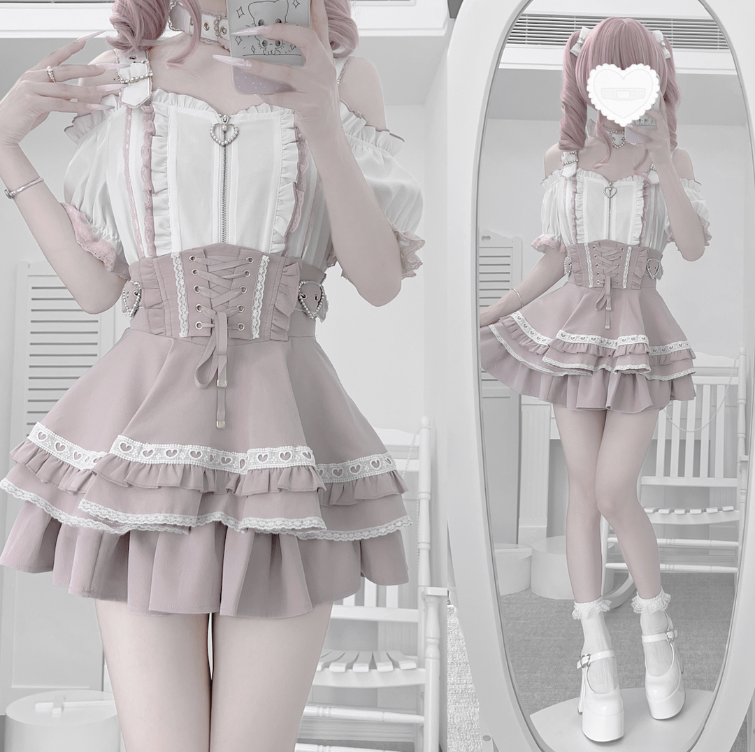 Jirai Kei Open Shoulder Shirt Outfit, Multiple Colors 43500:778035