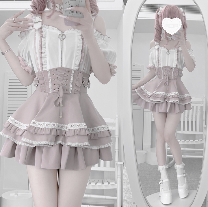 Jirai Kei Open Shoulder Shirt Outfit, Multiple Colors 43500:778035
