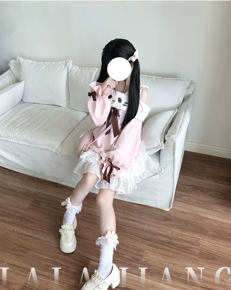 Off-Shoulder Kawaii Sweatshirt & Tiered Ruffle Skirt 43776:785334