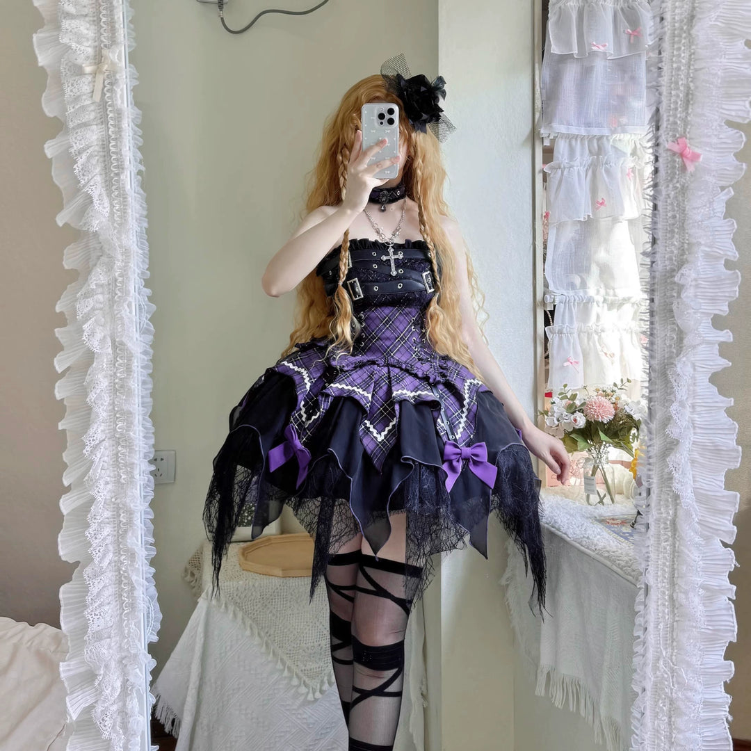 Gothic Lolita Dress Red Purple Top Irregular Skirt Hem Set 39142:615894