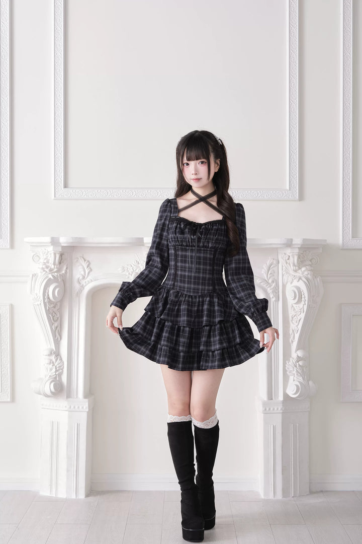 Jirai Kei Halter Neck Dress, Tiered Ruffles 44688:819241