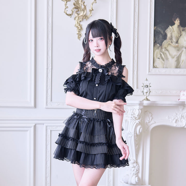 Jirai Kei Blouse with Hallow-out Upper & Rhinestone Bow Tie (L M XL) 42893:757696