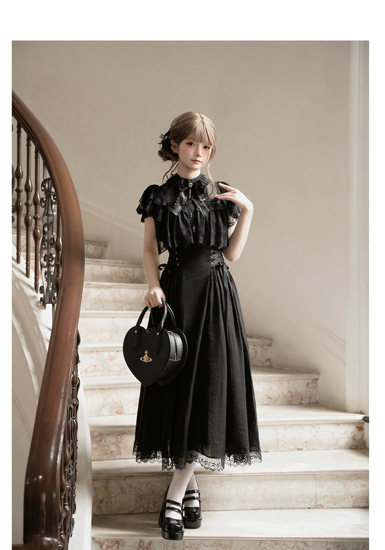 Black / White Jirai Kei Long Dress, Detachable Bow, Cross Detail 43510:778766