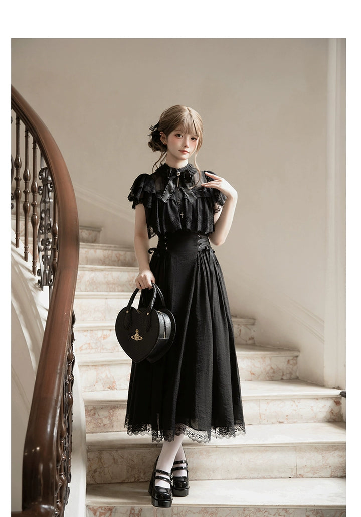Black / White Jirai Kei Long Dress, Detachable Bow, Cross Detail 43510:778766