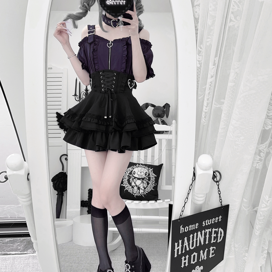 Jirai Kei Open Shoulder Shirt Outfit, Multiple Colors 43500:778031