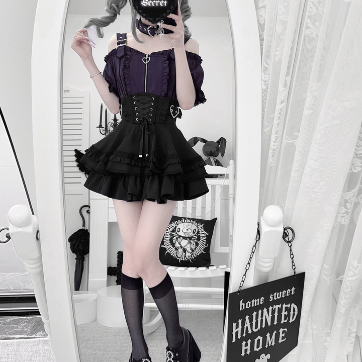 Jirai Kei Open Shoulder Shirt Outfit, Multiple Colors 43500:778031