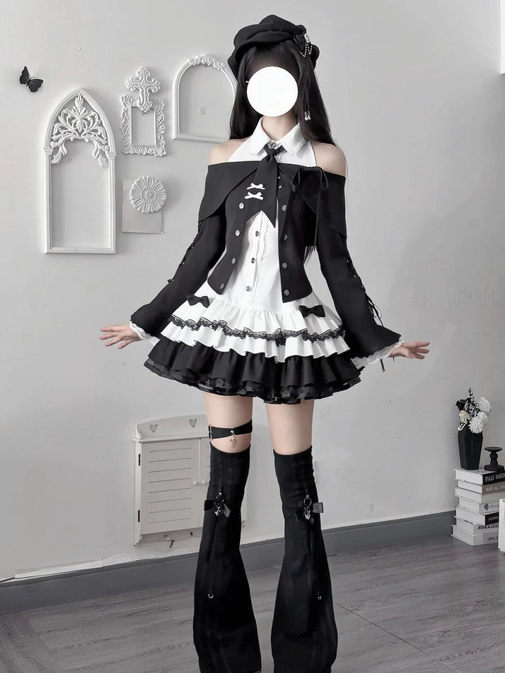 Jirai Kei Black White Dress and Jacket Set, Off-Shoulder 45988:871022