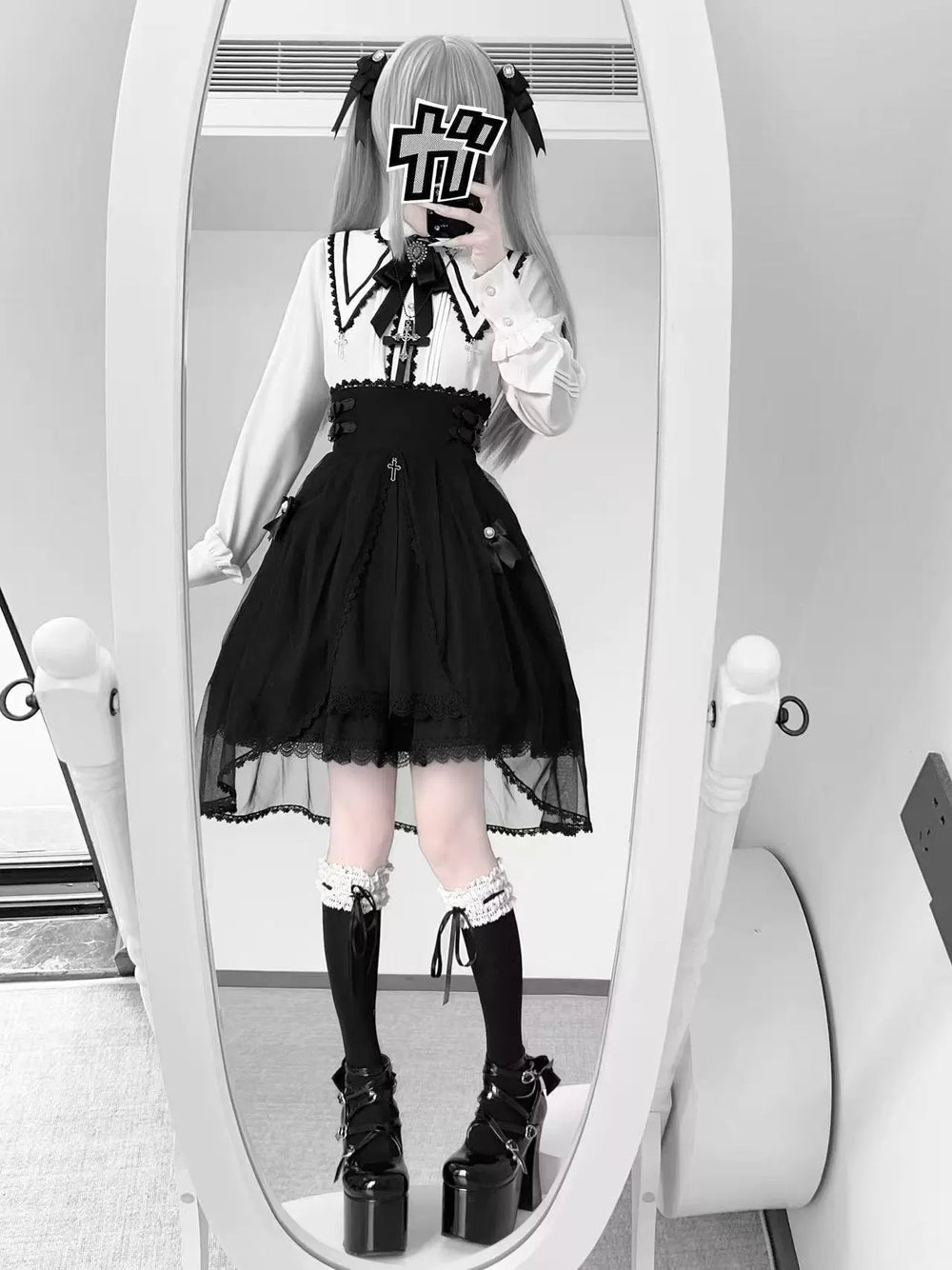 Jirai Kei Pointed Collar Blouse, Black High-Waist Skirt 44216:804923