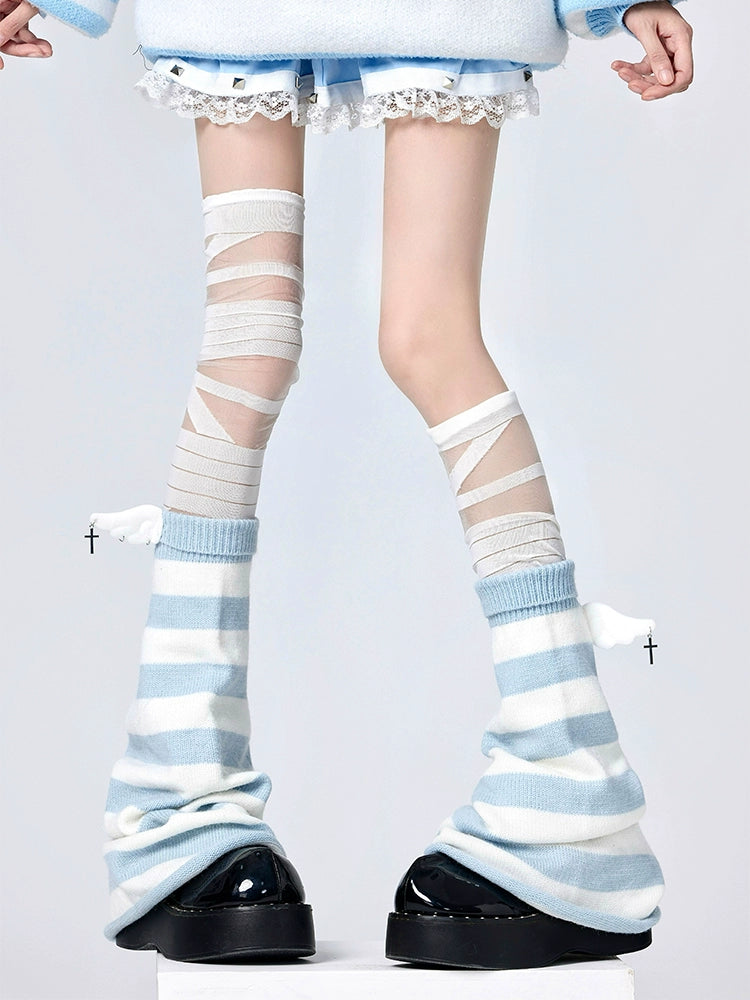 Tenshi Kaiwai Leg Warmers White Blue Stripes Socks 36512:530046