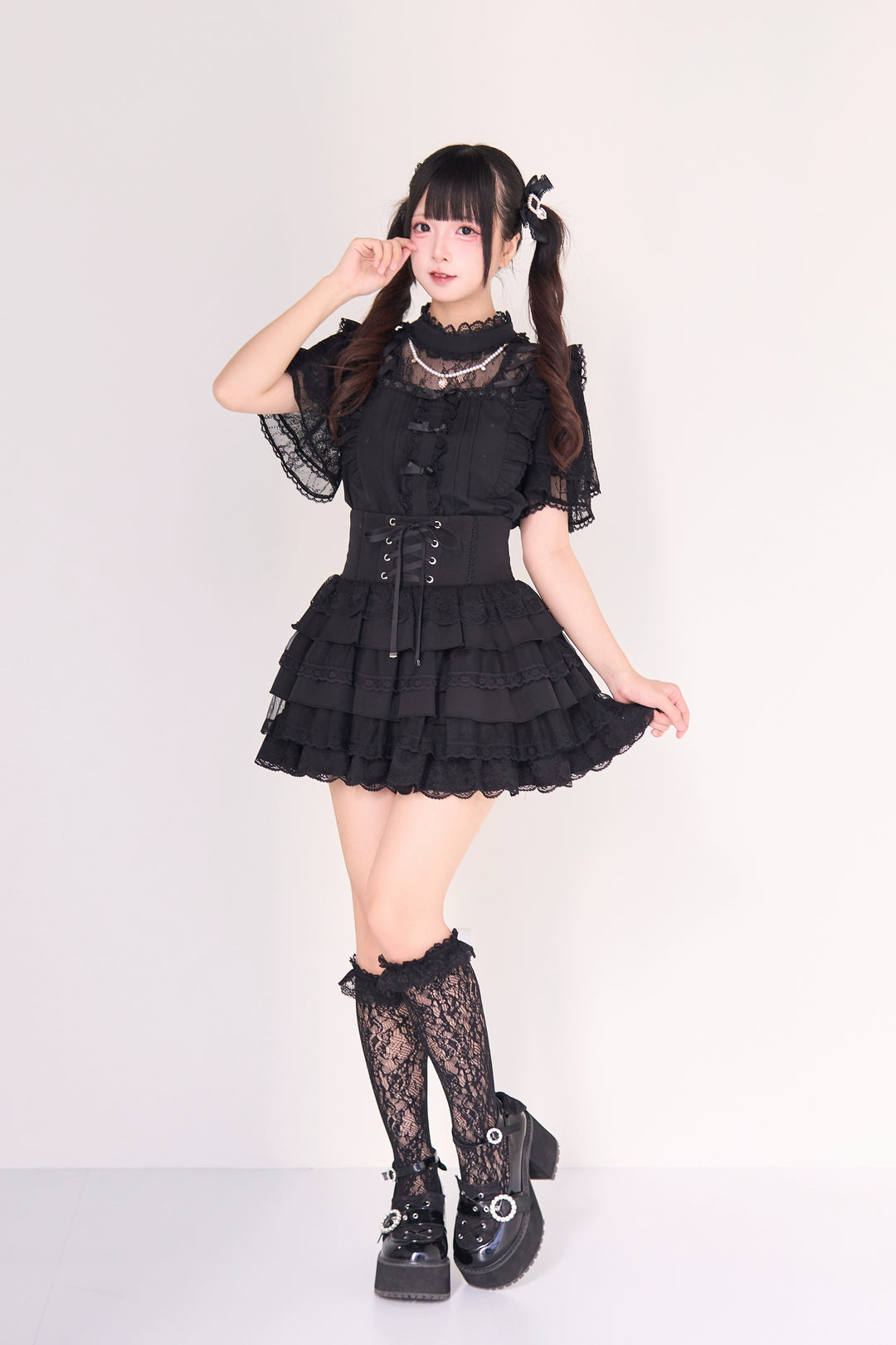 Jirai Kei Pearl Necklace Blouse, Lace-up Cake Skirt Set 43019:765669