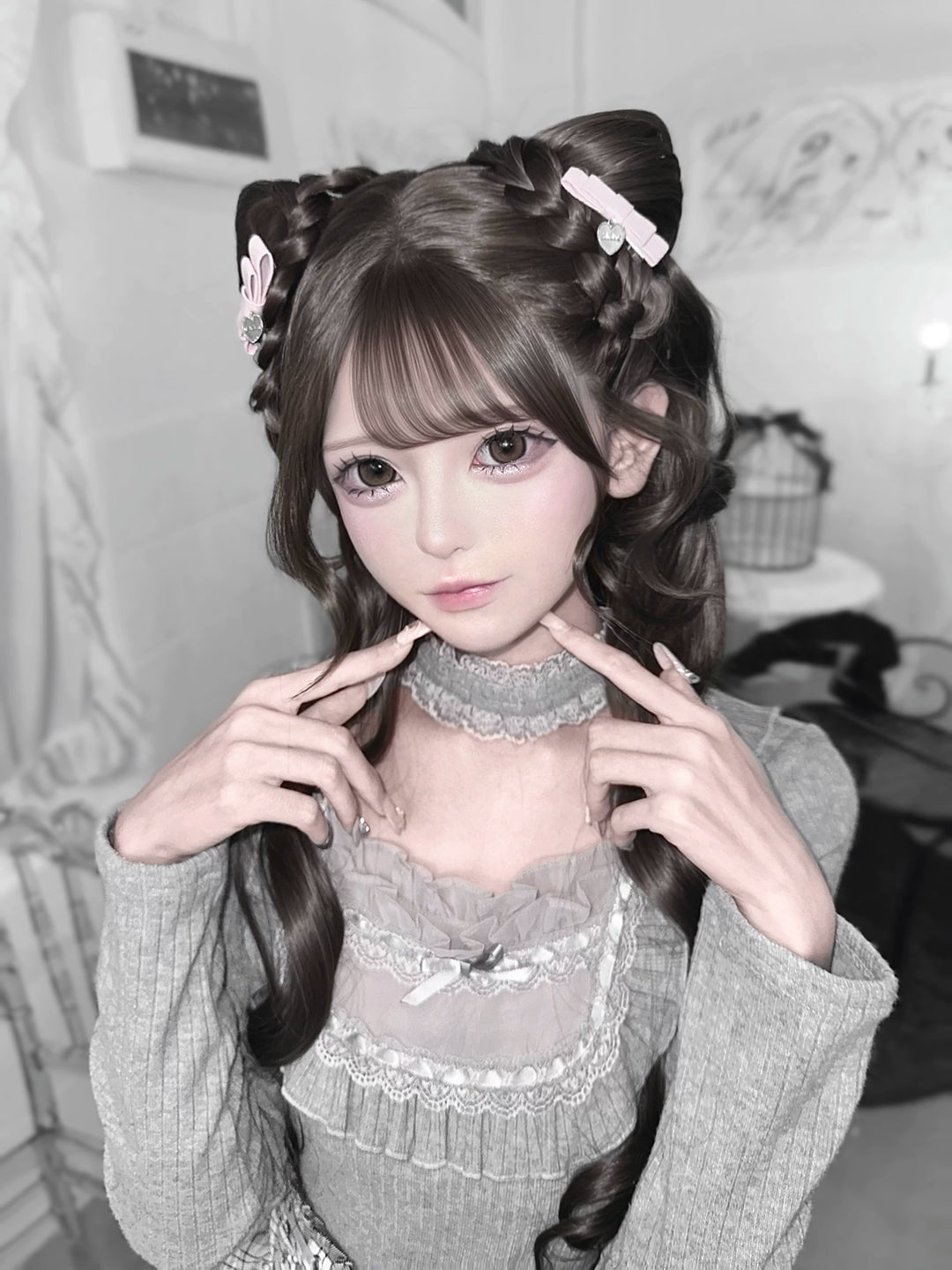 Seiso Kei Grey Pink Knit Sweater & High Waist Skirt Set 45990:873005