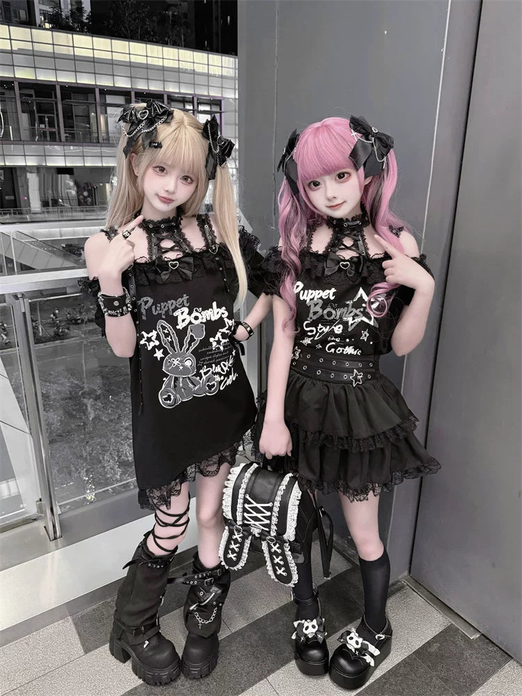 Halter Neck Punk Bunny Print T-shirt, Layered Star Skirt 45361:851442