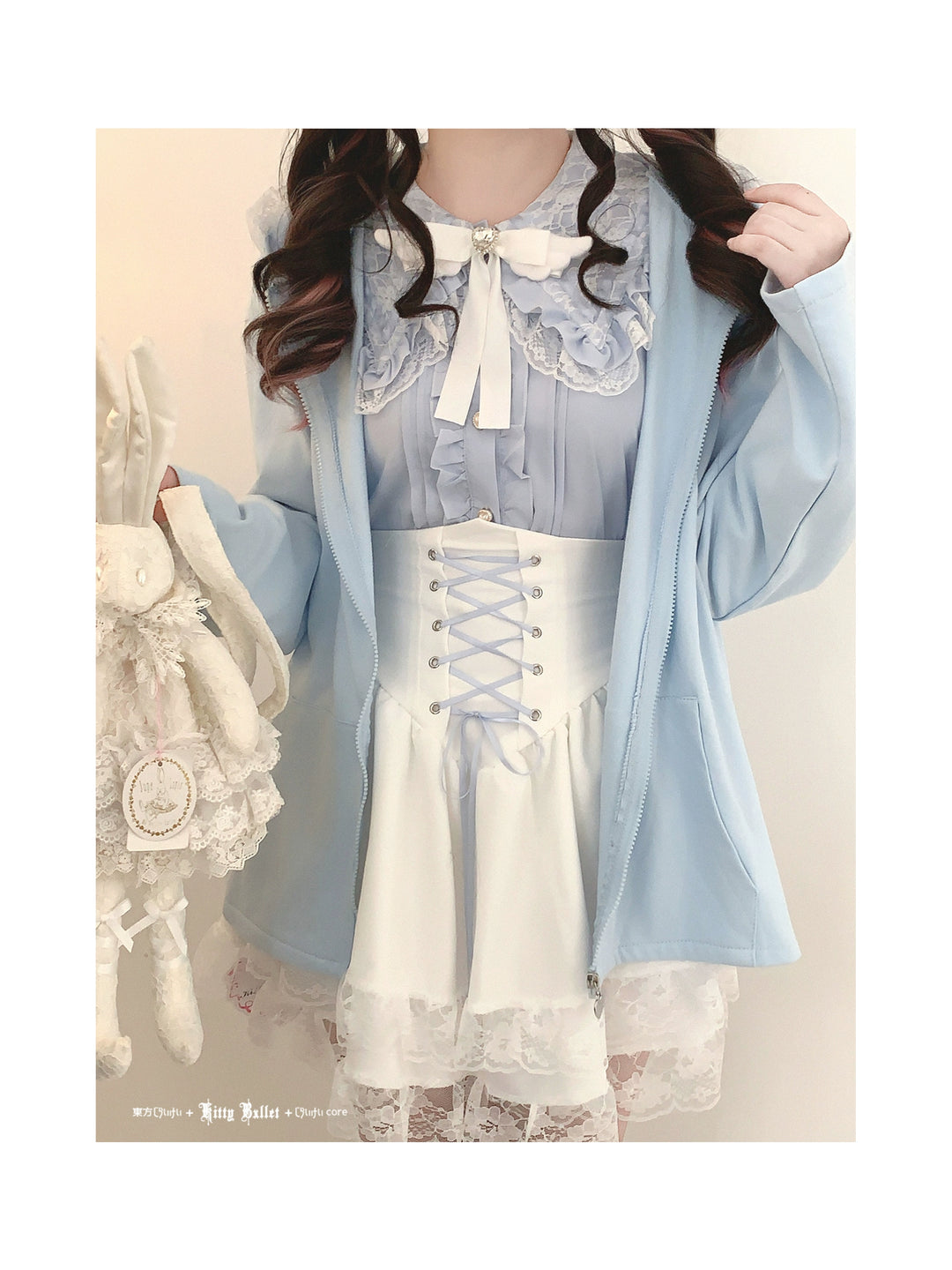 Kawaii Zipper Closure Jacket, Lace Bunny Ear 44002:792517