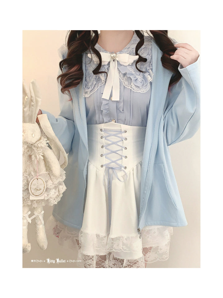 Kawaii Zipper Closure Jacket, Lace Bunny Ear 44002:792517