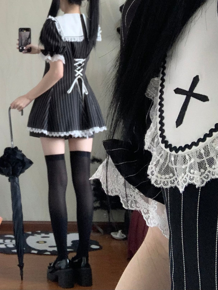 Striped Jirai Kei Dress Set Sailor Collar with Cross Details 42785:752985