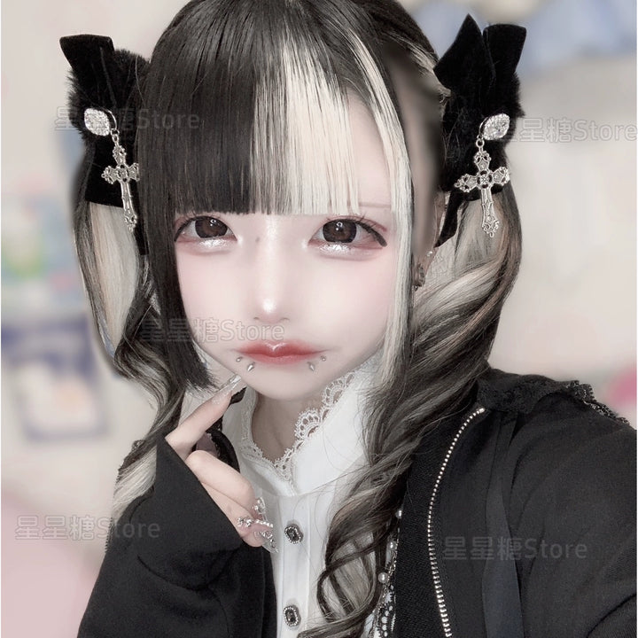 Jirai Kei Black Fluffy Hair Tie, Rhinestone and Cross 43870:791316