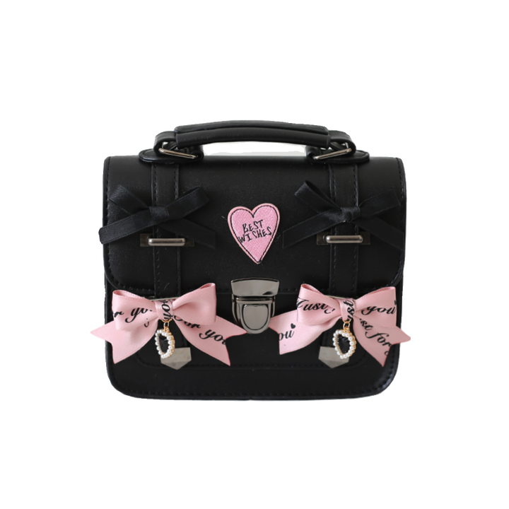 Black Jirai Kei Bag Leather Shoulder Bag With Bows And Rhinestone 33802:448726