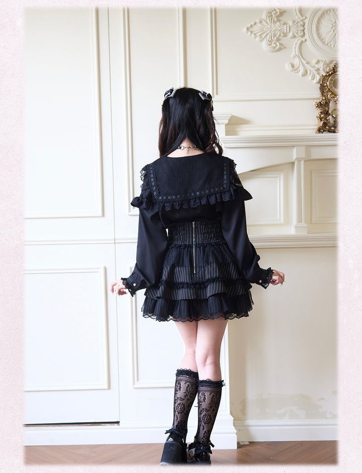 Sailor Collar Jirai Kei Blouse with Tulle Shoulder and Lace Frill 42523:744437