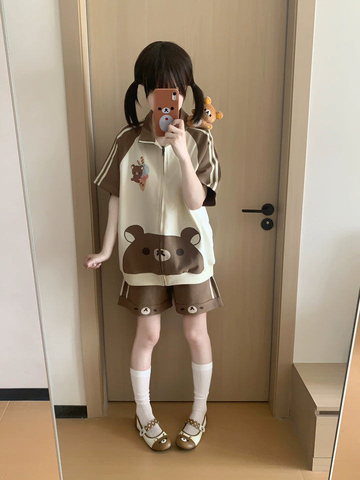 Summer Kawaii Outfit, Short Sleeve Zip-Up Sweatshirt 43557:779733