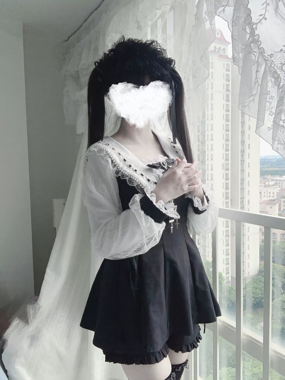 Long-Sleeved Jirai Kei Dress, Pocketed Shorts 43856:787325