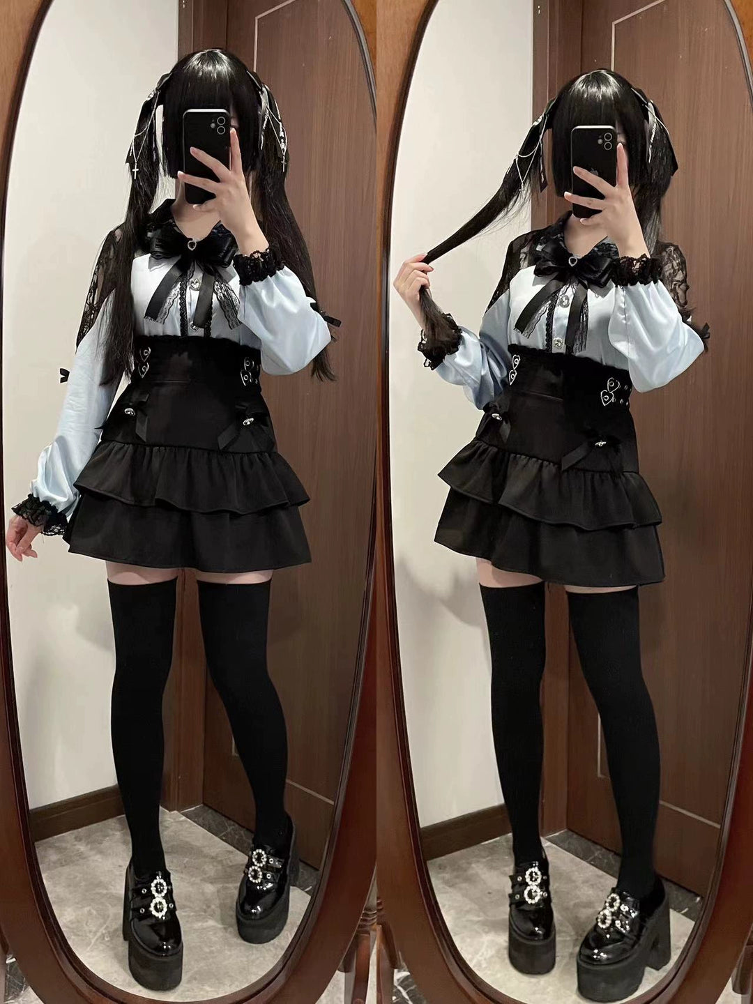 Jirai Kei Skirt Set Lace Collar Blouse A-line Skirt Set 39534:628798