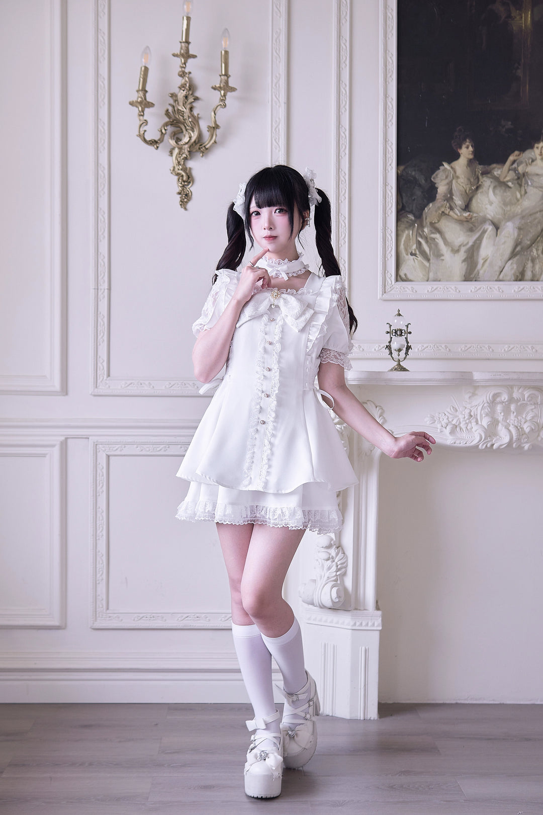 Jirai Kei Dress 4-Piece Set, Elastic Waist & Pearl Button 43010:761786