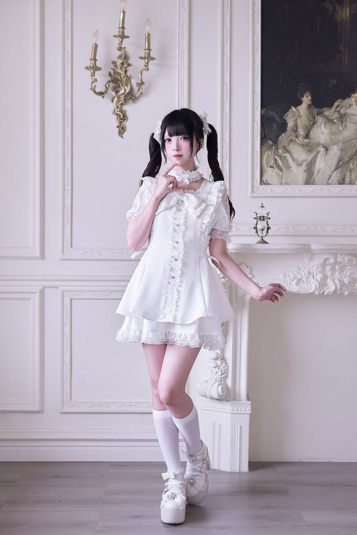 Jirai Kei Dress 4-Piece Set, Elastic Waist & Pearl Button 43010:761786