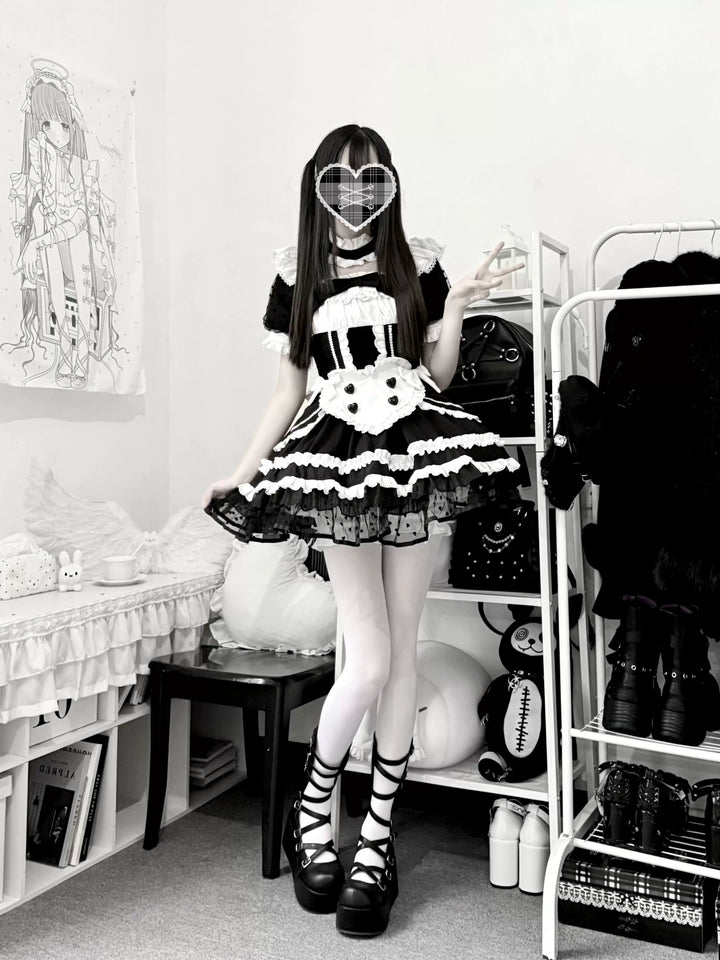 Black and White Maid Lolita Dress, Detachable Apron 46065:874558