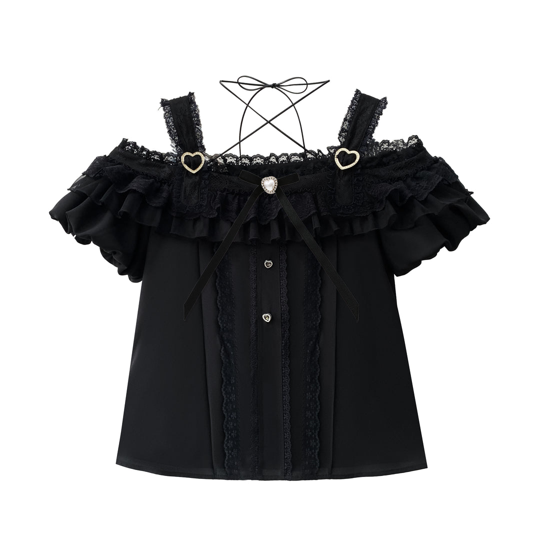 Jirai Kei Skirt Set Open-shoulder Blouse with Heart Bow Tie (L M S XL) 42864:755771