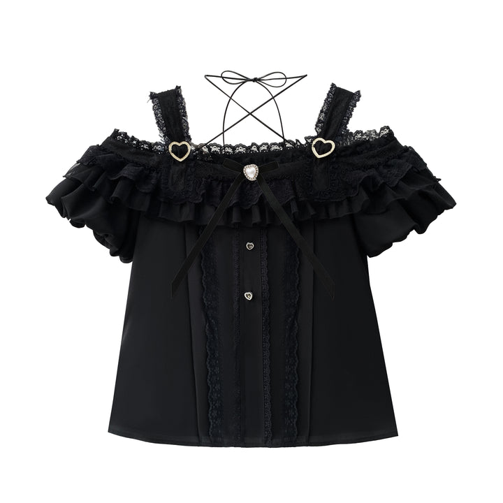 Jirai Kei Skirt Set Open-shoulder Blouse with Heart Bow Tie (L M S XL) 42864:755771