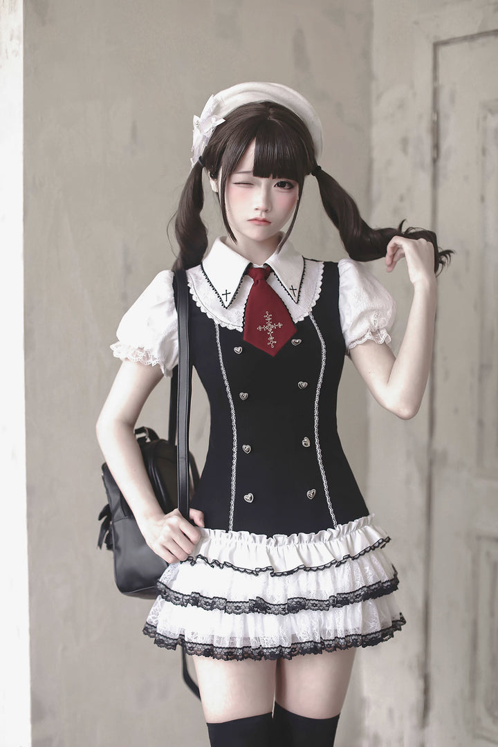 Preppy Style Low-Waist Dress Set, Cross Embroidery 44746:823820